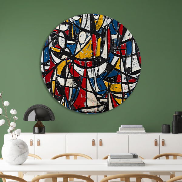 Abstracte dynamische schilderij met kleurrijke boten aluminium muurcirkel