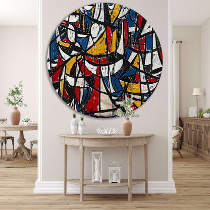 Abstracte dynamische schilderij met kleurrijke boten aluminium muurcirkel