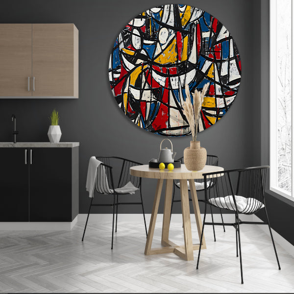 Abstracte dynamische schilderij met kleurrijke boten aluminium muurcirkel