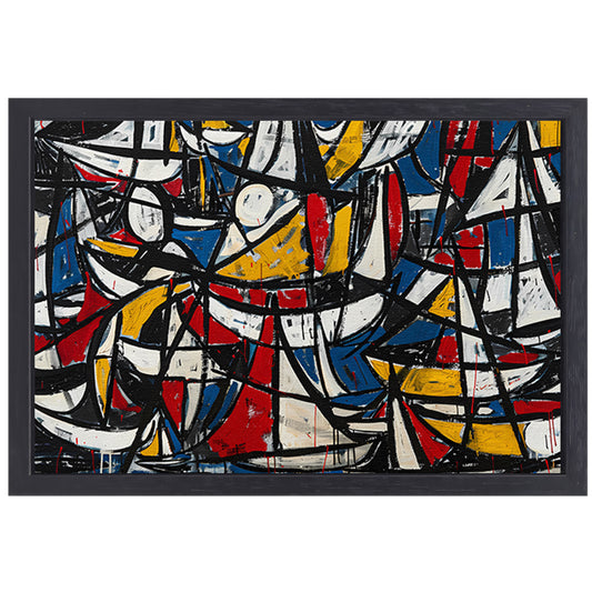 Abstracte dynamische schilderij met kleurrijke boten canvas met baklijst