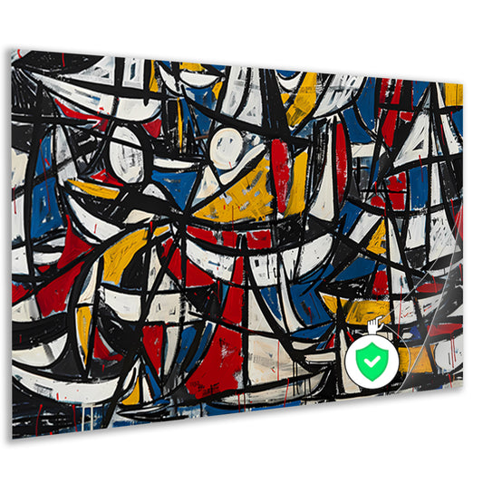 Abstracte dynamische schilderij met kleurrijke boten poster