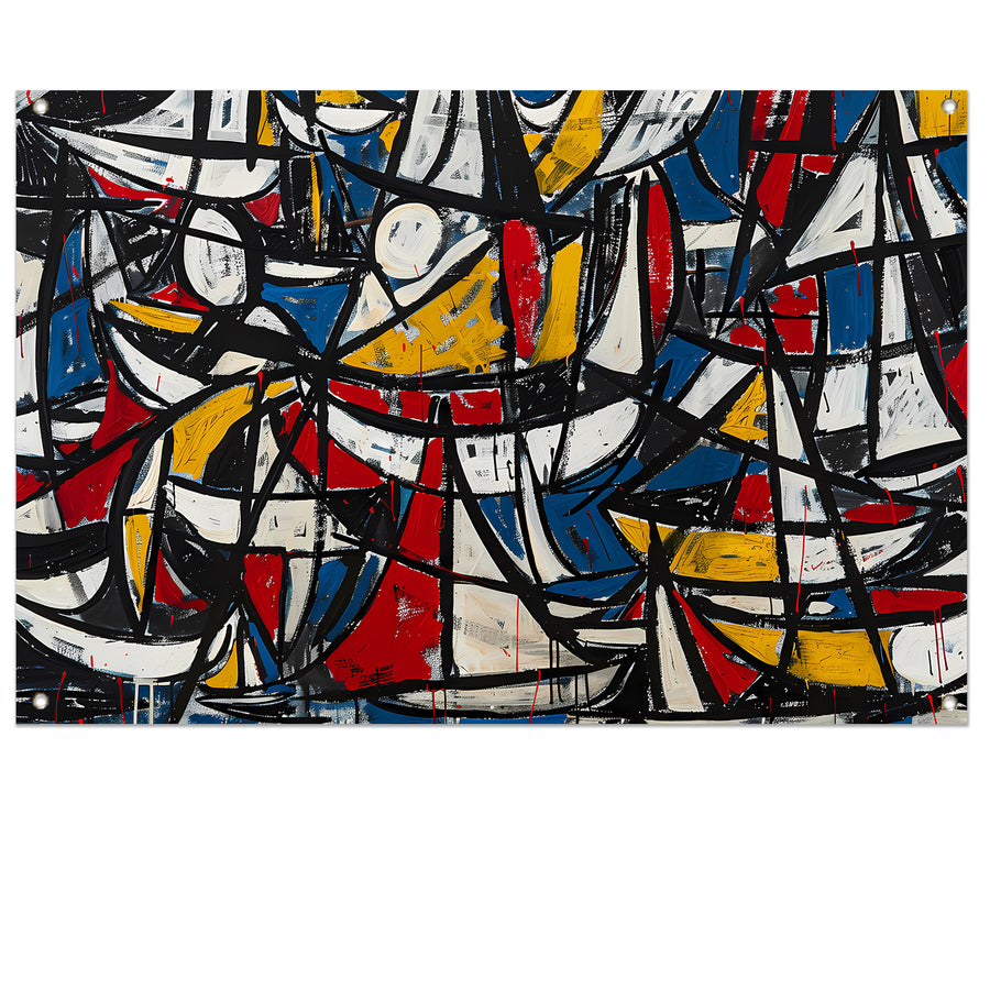 Abstracte dynamische schilderij met kleurrijke boten tuinposter