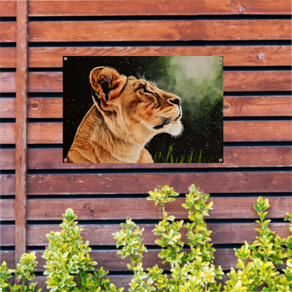 Leeuw in profiel onder sterrenhemel schilderij tuinposter