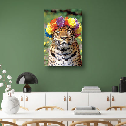 Kleurrijke Leopard met Bloemenkrans Portret canvas
