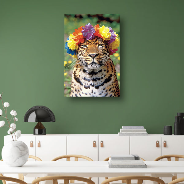 Kleurrijke Leopard met Bloemenkrans Portret poster