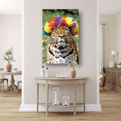Kleurrijke Leopard met Bloemenkrans Portret canvas