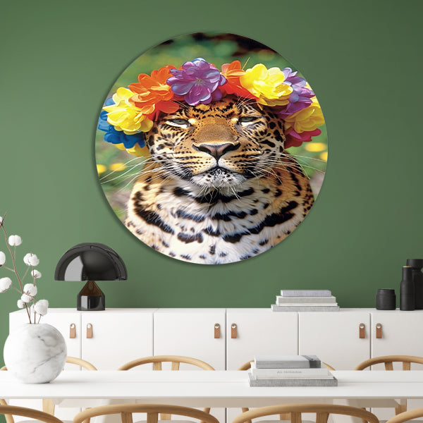 Kleurrijke Leopard met Bloemenkrans Portret forex muurcirkel