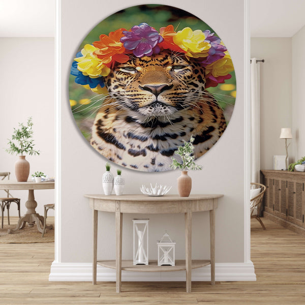 Kleurrijke Leopard met Bloemenkrans Portret forex muurcirkel