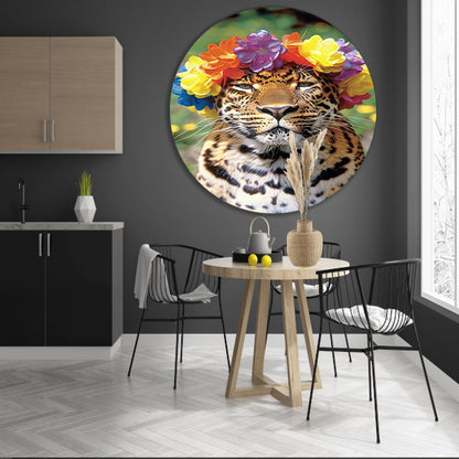 Kleurrijke Leopard met Bloemenkrans Portret forex muurcirkel