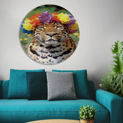 Kleurrijke Leopard met Bloemenkrans Portret forex muurcirkel