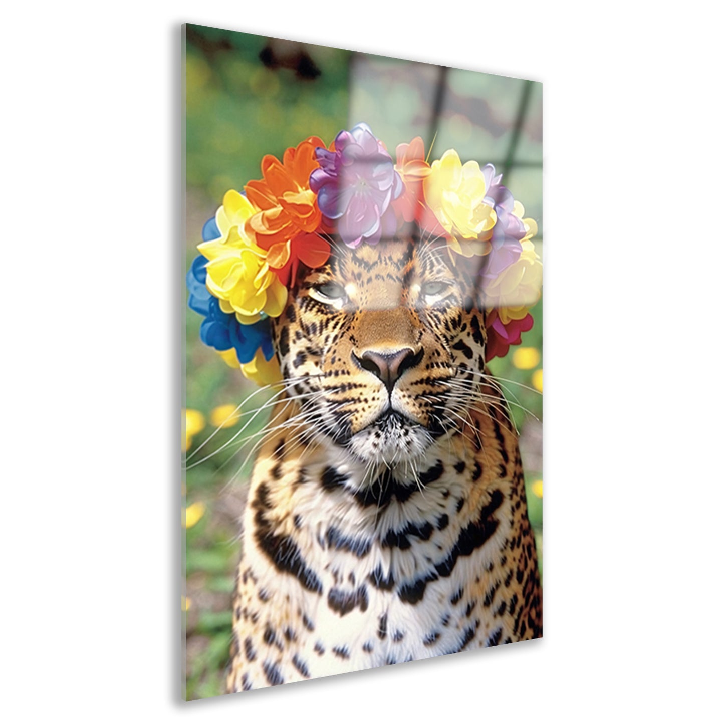 Kleurrijke Leopard met Bloemenkrans Portret acrylglas