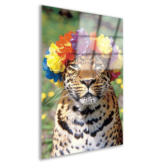 Kleurrijke Leopard met Bloemenkrans Portret acrylglas