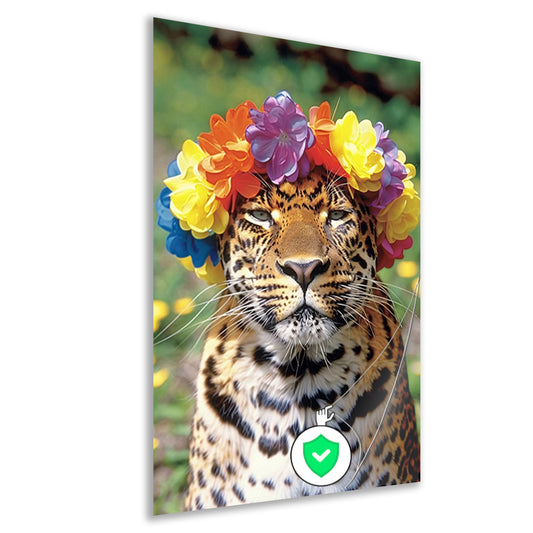 Kleurrijke Leopard met Bloemenkrans Portret poster