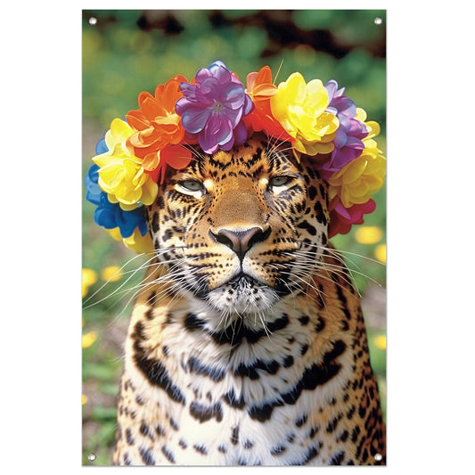 Kleurrijke Leopard met Bloemenkrans Portret tuinposter