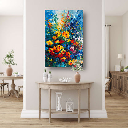 Kleurrijke abstracte bloemenveld schilderij canvas met baklijst