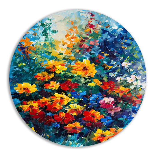 Kleurrijke abstracte bloemenveld schilderij aluminium muurcirkel