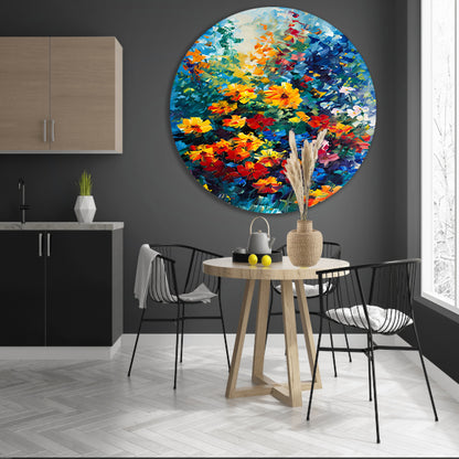 Kleurrijke abstracte bloemenveld schilderij aluminium muurcirkel