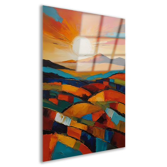 Stralende zon boven kleurrijke abstracte velden acrylglas