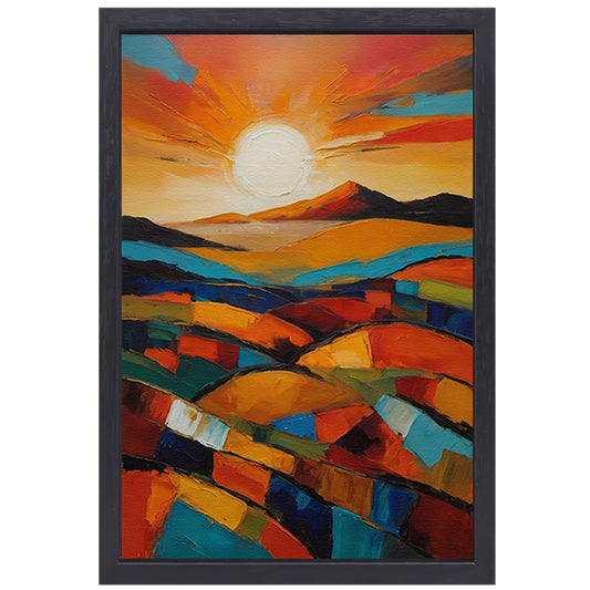 Stralende zon boven kleurrijke abstracte velden canvas met baklijst