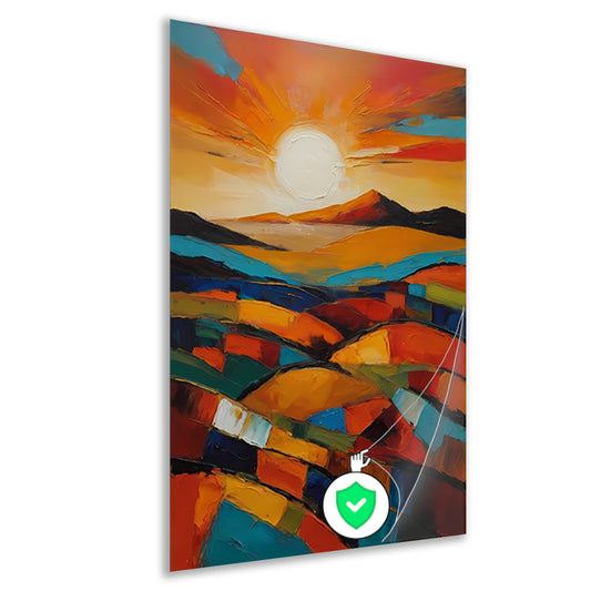 Stralende zon boven kleurrijke abstracte velden poster