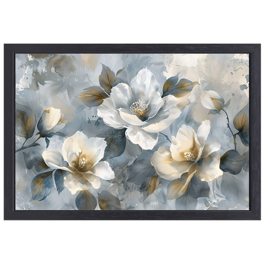 Abstracte Monochrome Bloemen met Gouden Accenten canvas met baklijst