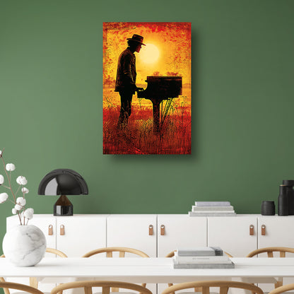 Silhouet pianist bij zonsondergang kunstwerk acrylglas