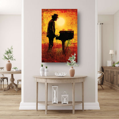 Silhouet pianist bij zonsondergang kunstwerk acrylglas