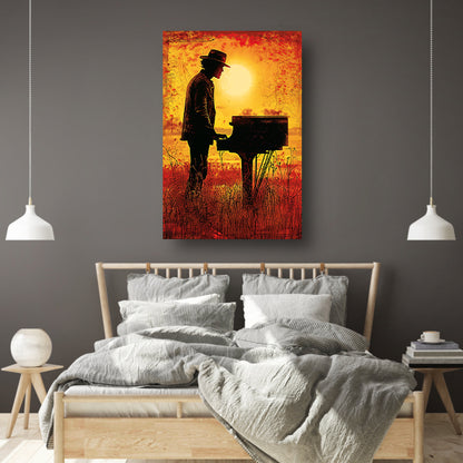 Silhouet pianist bij zonsondergang kunstwerk acrylglas