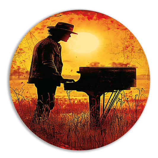 Silhouet pianist bij zonsondergang kunstwerk aluminium muurcirkel