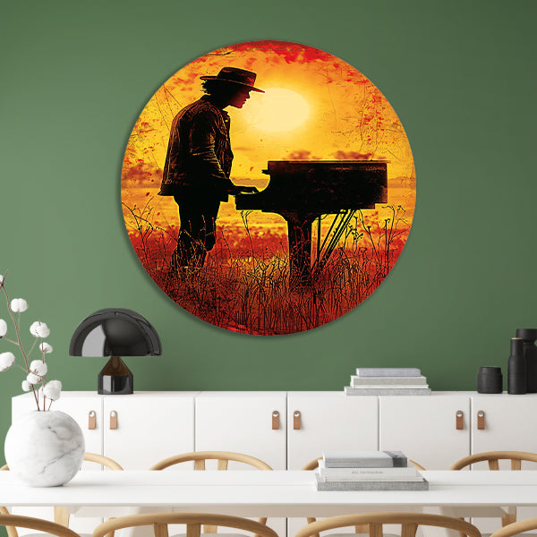 Silhouet pianist bij zonsondergang kunstwerk aluminium muurcirkel