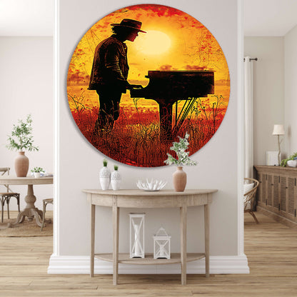 Silhouet pianist bij zonsondergang kunstwerk aluminium muurcirkel