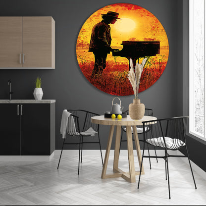 Silhouet pianist bij zonsondergang kunstwerk aluminium muurcirkel