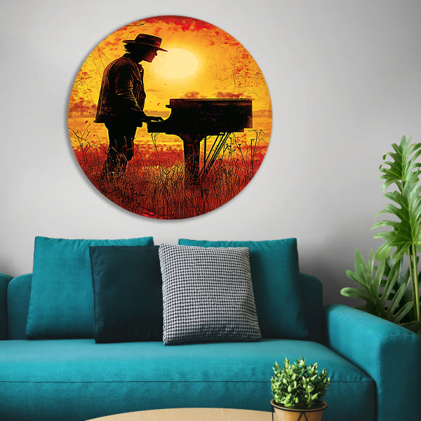 Silhouet pianist bij zonsondergang kunstwerk aluminium muurcirkel