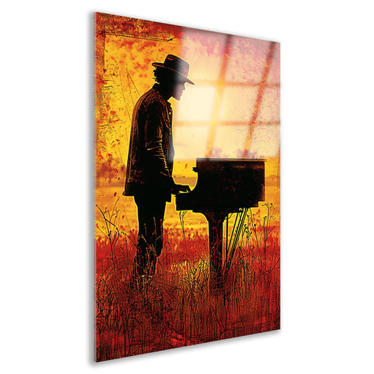 Silhouet pianist bij zonsondergang kunstwerk acrylglas