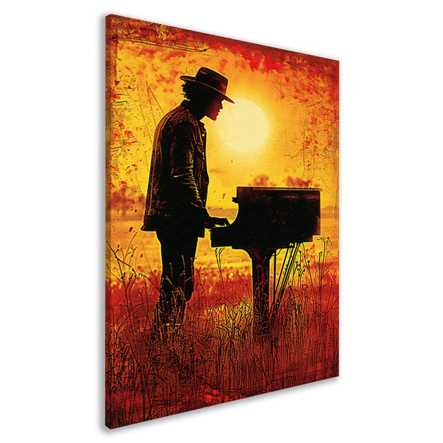 Silhouet pianist bij zonsondergang kunstwerk canvas