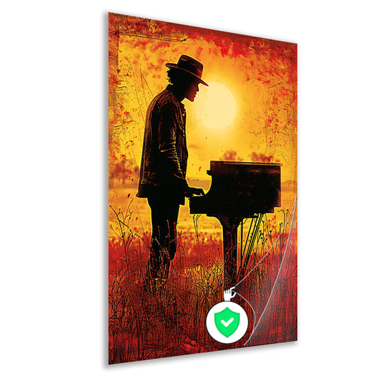 Silhouet pianist bij zonsondergang kunstwerk poster