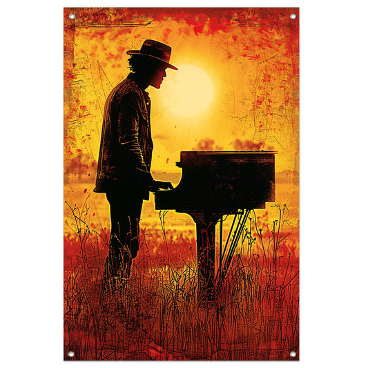 Silhouet pianist bij zonsondergang kunstwerk tuinposter