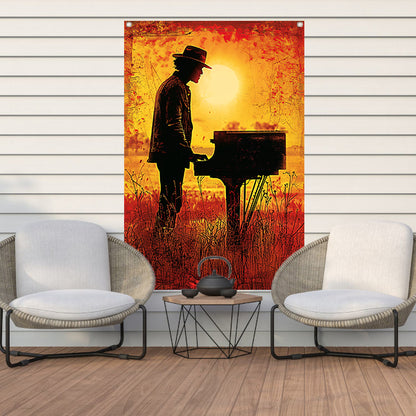 Silhouet pianist bij zonsondergang kunstwerk tuinposter
