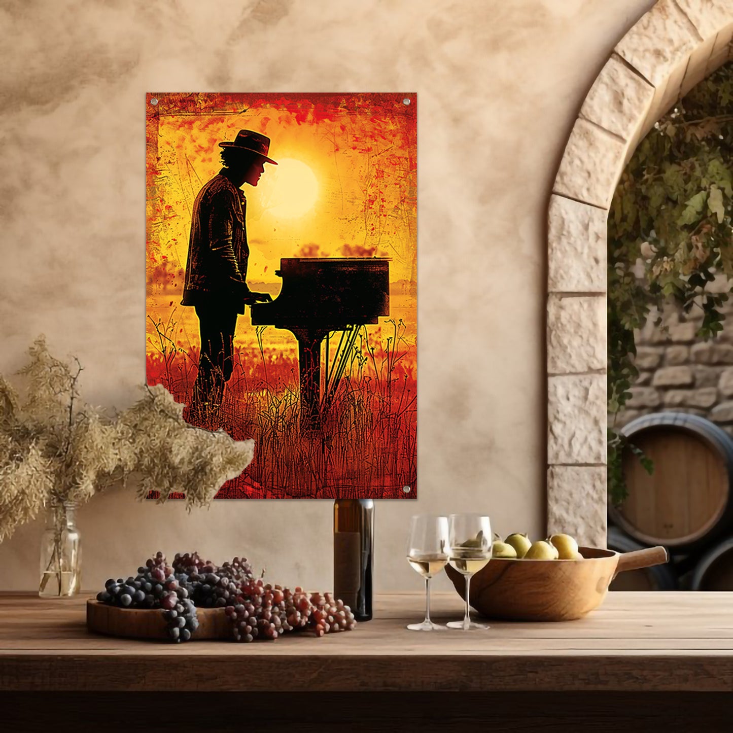 Silhouet pianist bij zonsondergang kunstwerk tuinposter