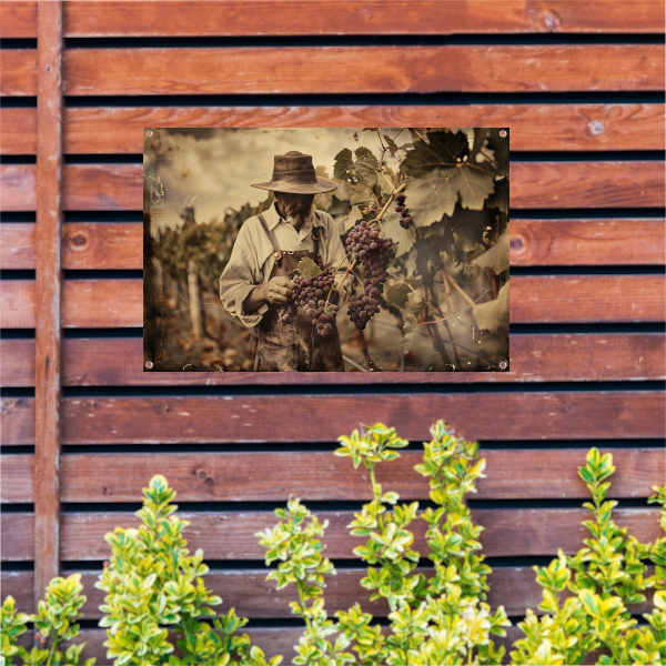 Oude wijnboer verzorgt zijn druiven tuinposter