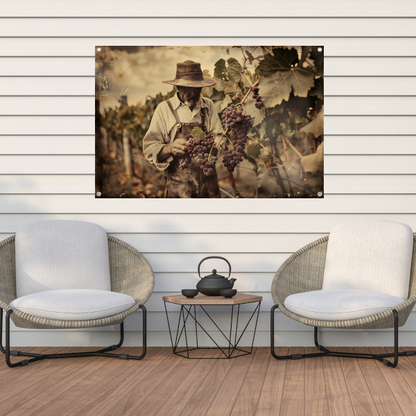 Oude wijnboer verzorgt zijn druiven tuinposter