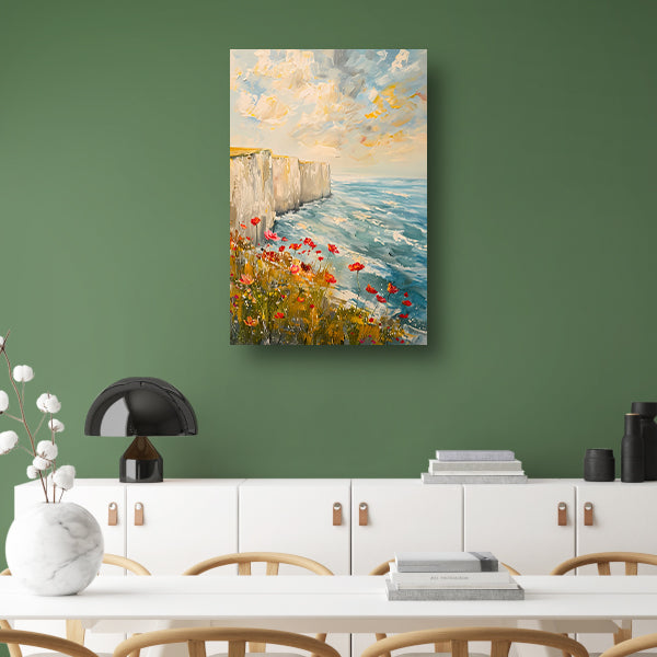 Witte kliffen en bloemen aan zee canvas