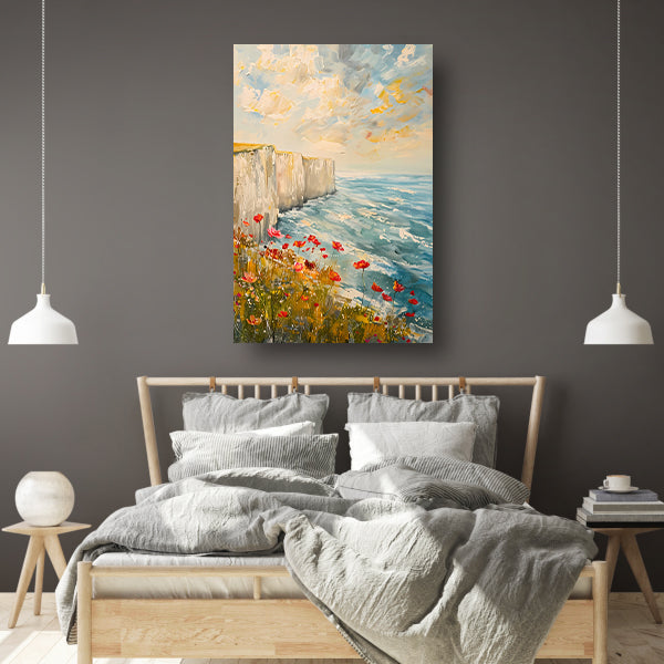 Witte kliffen en bloemen aan zee canvas