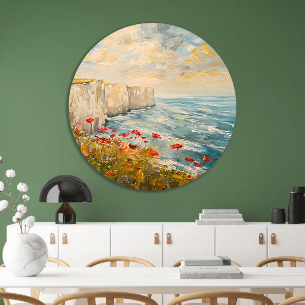 Witte kliffen en bloemen aan zee aluminium muurcirkel