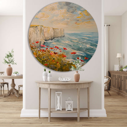 Witte kliffen en bloemen aan zee aluminium muurcirkel