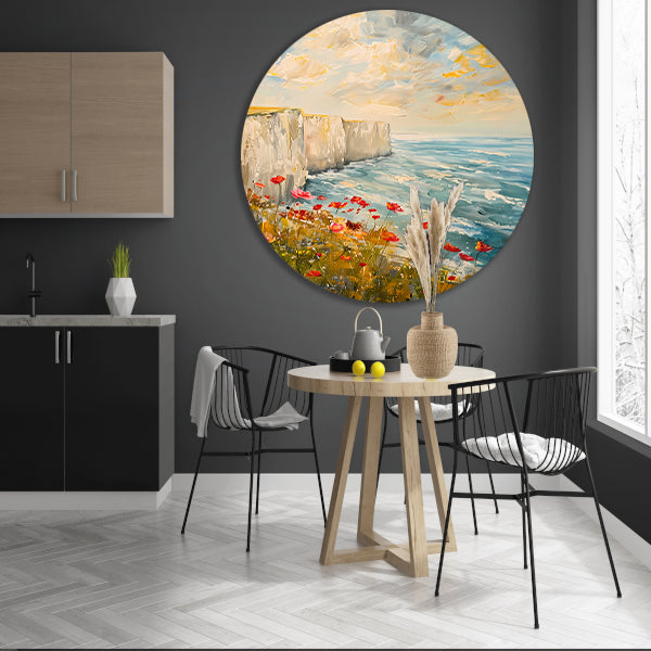 Witte kliffen en bloemen aan zee aluminium muurcirkel