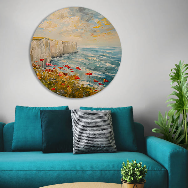 Witte kliffen en bloemen aan zee aluminium muurcirkel