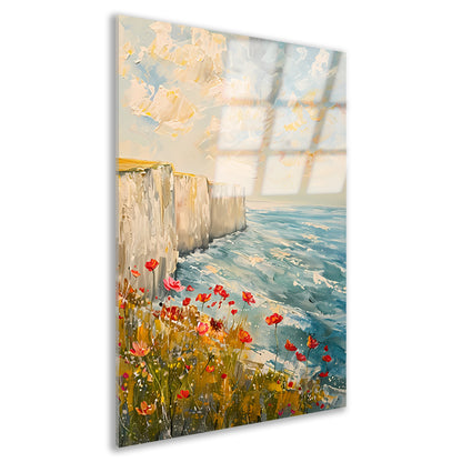 Witte kliffen en bloemen aan zee acrylglas