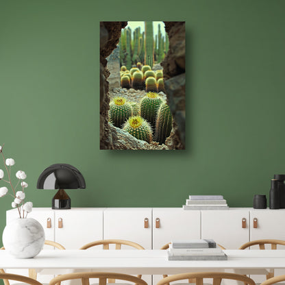 Cactussen in bloei achter rotsformatie acrylglas