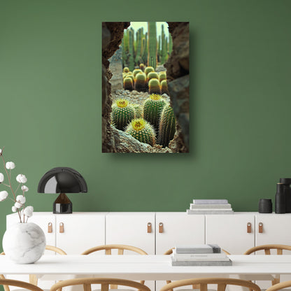 Cactussen in bloei achter rotsformatie poster